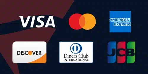 Fanatics banking options banner with logos of VISA, mastercard, American Express, Discover, Diners Club International, and JCB
