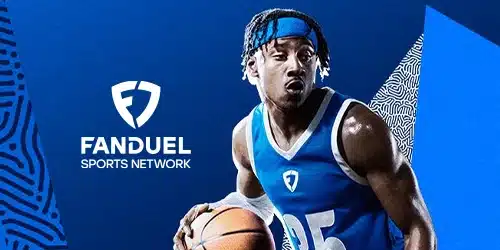 FanDuel Sports Network logo on a dark blue background with abstract white patterns. A basketball player in a blue jersey and headband is shown dribbling a basketball, looking intensely towards the side