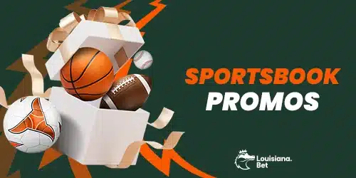 Sportsbook promos banner with a gift box overflowing with a basketball, football, soccer ball, and baseball
