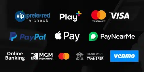 BetMGM banking options banner with logos of vip preferred, Play+, mastercard, VISA, PayPal, Apple Pay, PayNearMe, Online Banking, MGM Rewards, Bank Transfer, and venmo