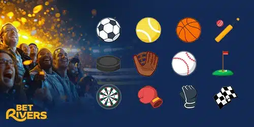 BetRivers Colorado promo banner with a football, soccer ball, basketball, baseball, golf, dart board