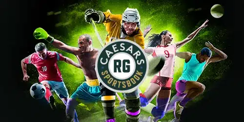 Caesars sportsbook markets banner with a soccer player, a boxer, a hockey player, a volleyball player, and a sprinter