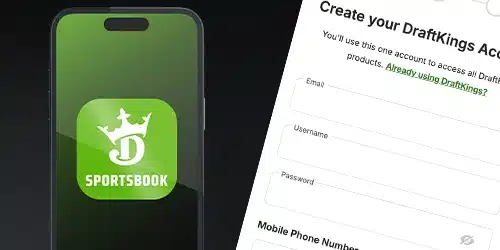 DraftKings sportsbook registration banner with a mobile phone showing a page of the DraftKings mobile app