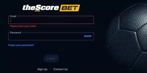 theScore Bet registration banner with a screen showing the login/sign up page of the theScore Bet app/website